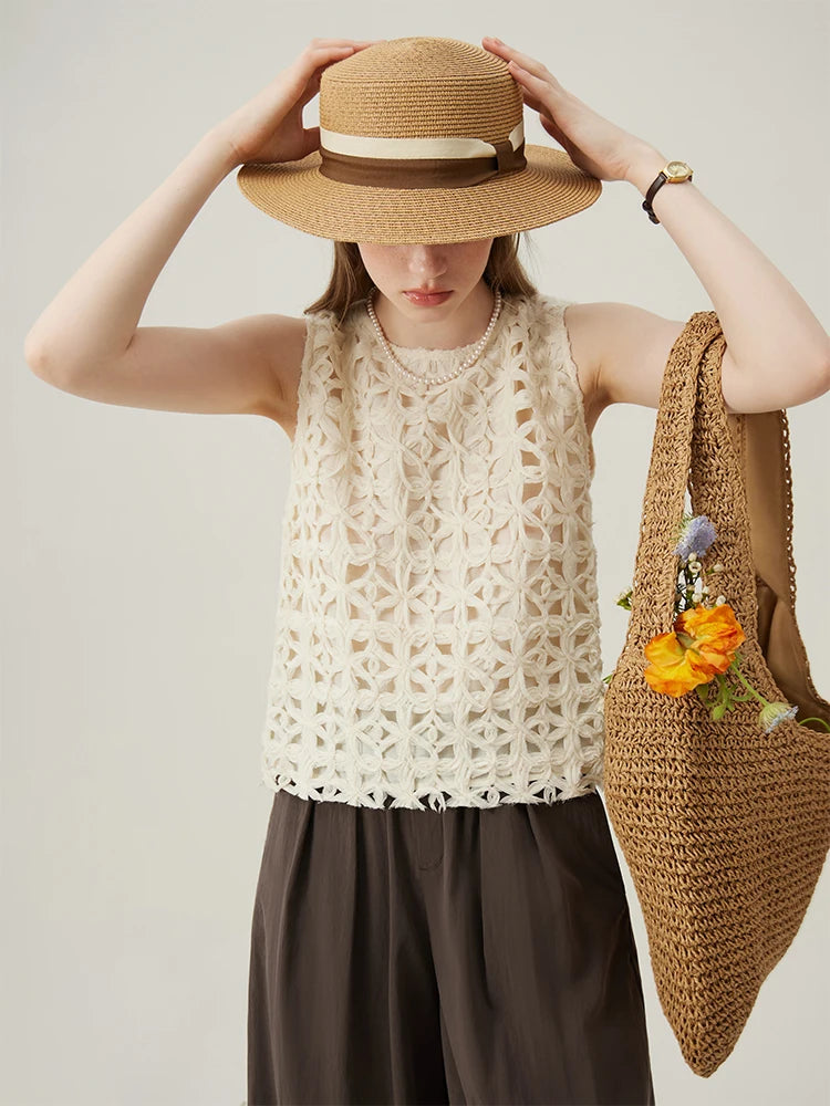 FSLE French Style Oatmeal Color Hollow Top For Women Three-dimensional Flower Embroidery Women Summer Sleeveless Vest 24FS12405