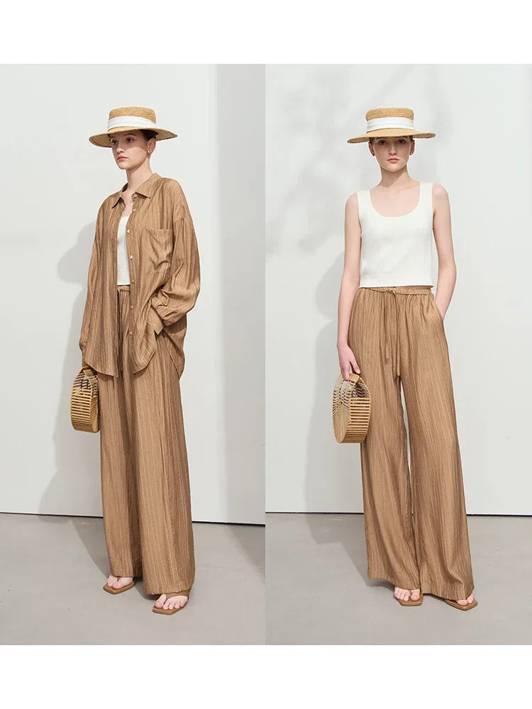 AMII Minimalism Shirt Pants Sets for Women 2025 Spring New Casual Basic Shirt Separate Straight Long Wide Leg Pants 12511048
