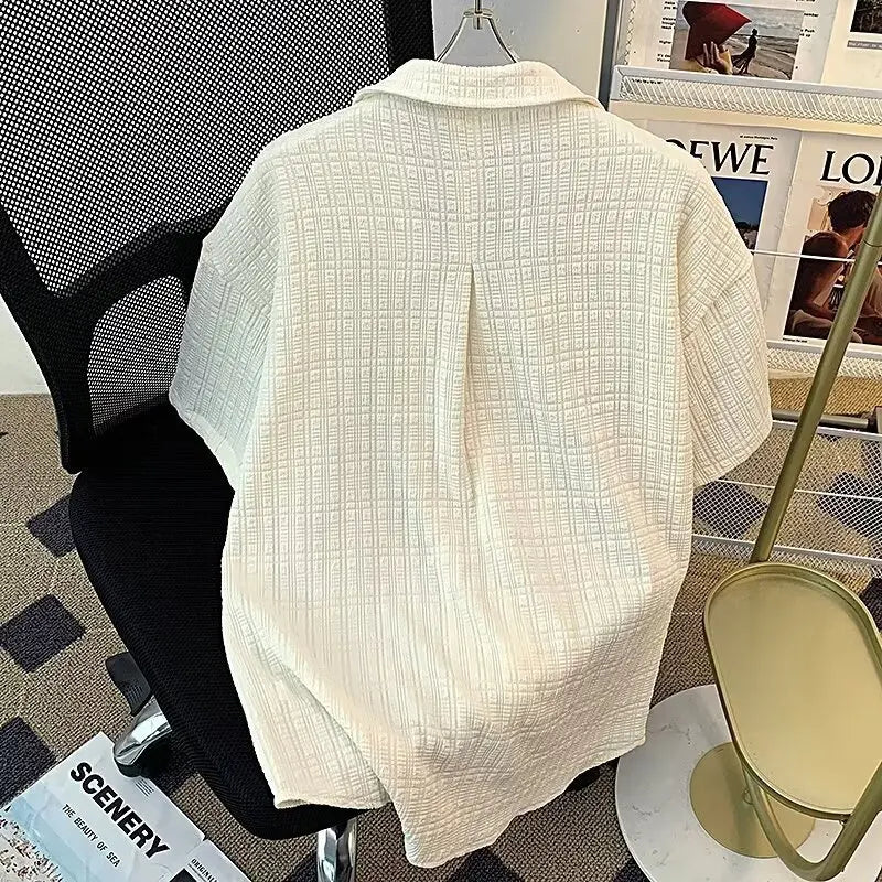 Retro Textured Cuban Collar Short Sleeve Shirt Men Loose Casual Stylish Top