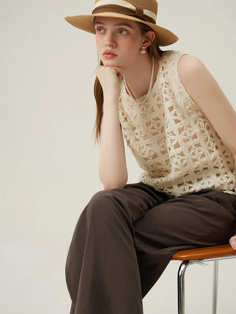 FSLE French Style Oatmeal Color Hollow Top For Women Three-dimensional Flower Embroidery Women Summer Sleeveless Vest 24FS12405