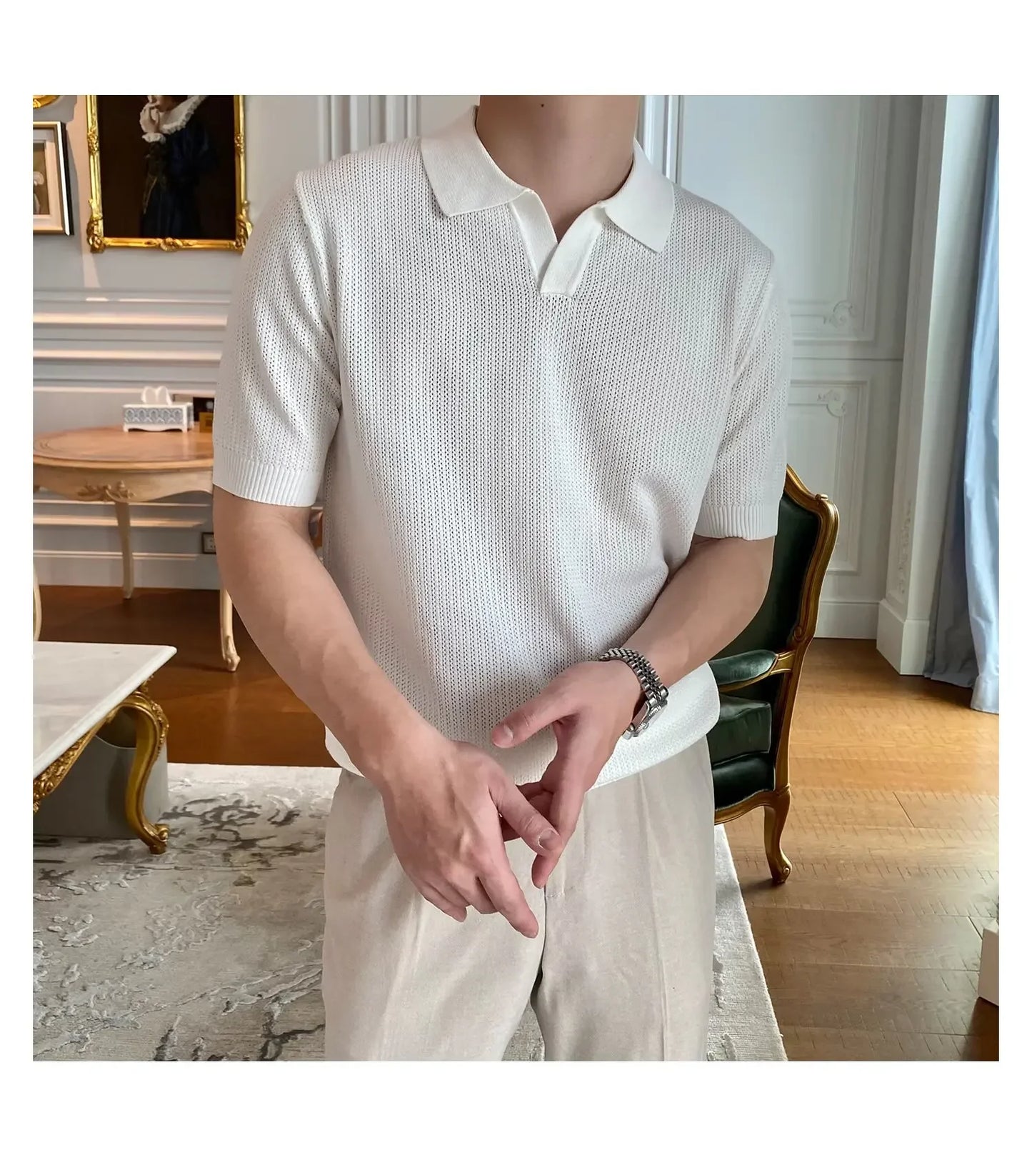 Summer Casual Polo Shirt Short Sleeve Knitted Pure Color Breathable Retro Wave Texture Men's Turn-down Collar Top