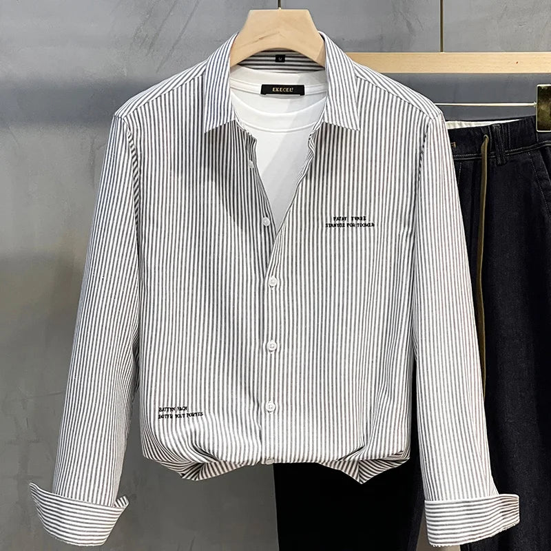 Men's Slim Fit Long Sve irt Trendy Striped Spring Autumn New Sle Casual Korean Japanese Sle Printed No Iron Treaent