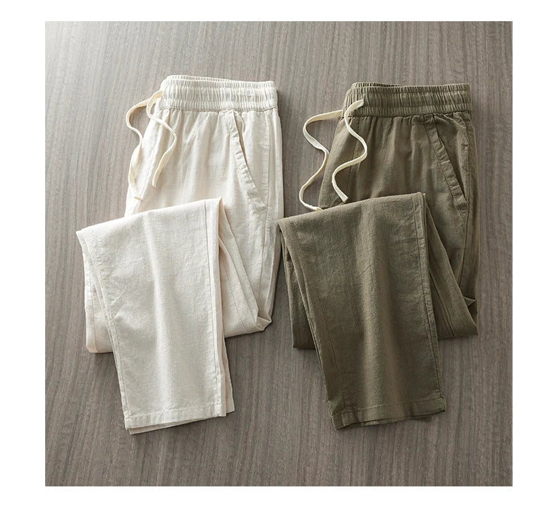 DUKEEN Breathable Linen Pants Men 2025 Summer Fashion Thin Ankle-Length Pants Elastic Waist Straight-Leg Men's Clothing