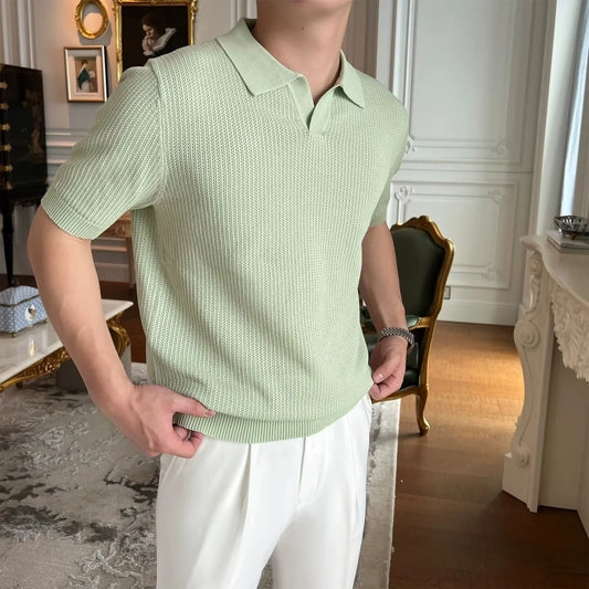 Summer Casual Polo Shirt Short Sleeve Knitted Pure Color Breathable Retro Wave Texture Men's Turn-down Collar Top