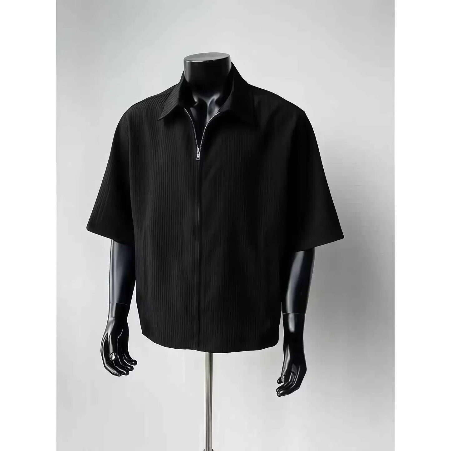Summer Men's Texture Stripe Shirt Short Sleeve Zipper Jacket Boxy Fit Casual Korean Style Half Sleeve Korean Style Shirt