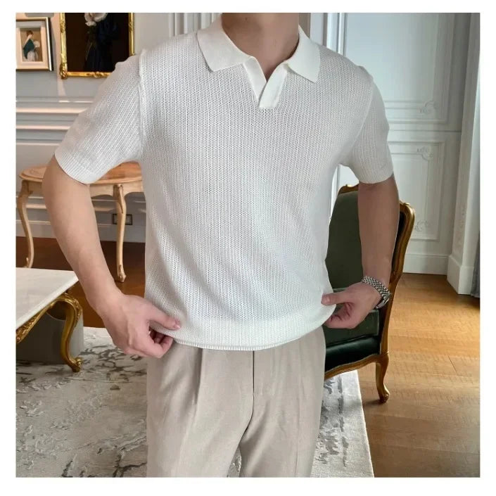 Summer Casual Polo Shirt Short Sleeve Knitted Pure Color Breathable Retro Wave Texture Men's Turn-down Collar Top