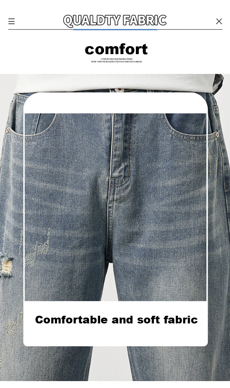 Korea Baggy torn holey ripped Jeans Men Vintage  Y2k Pants Fashion Frayed High Street Distressed Denim Trousers loose thin Male