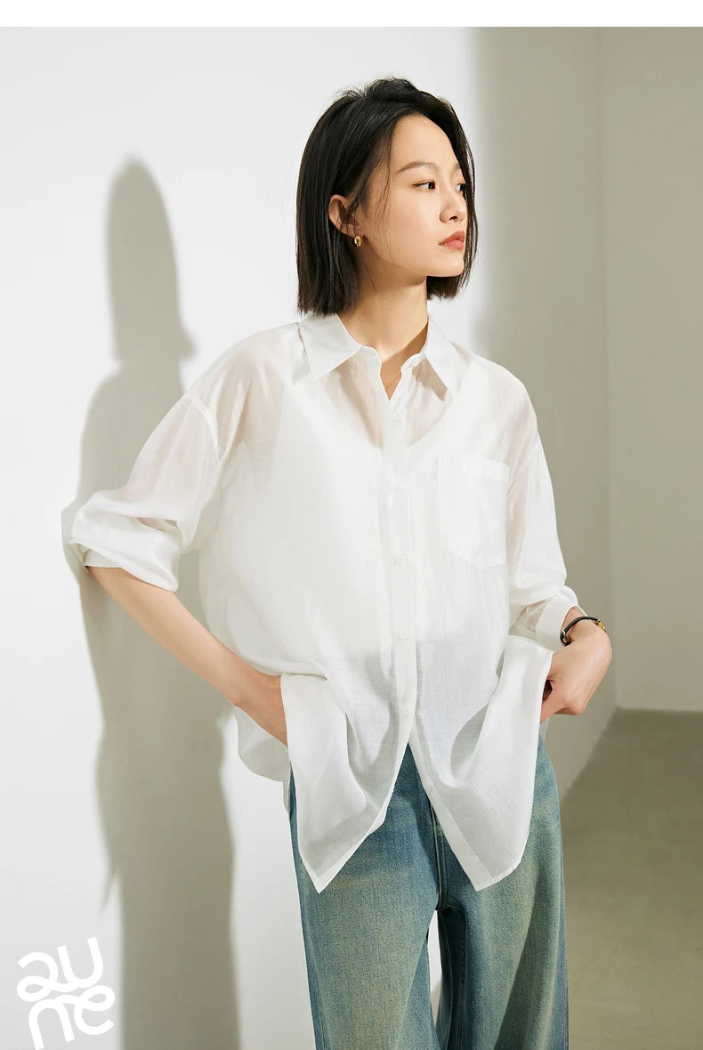 TOYOUTH Women French Mustard Green Lyocell Shirt 2025 Summer New Lightweight Sun Protection Tops
