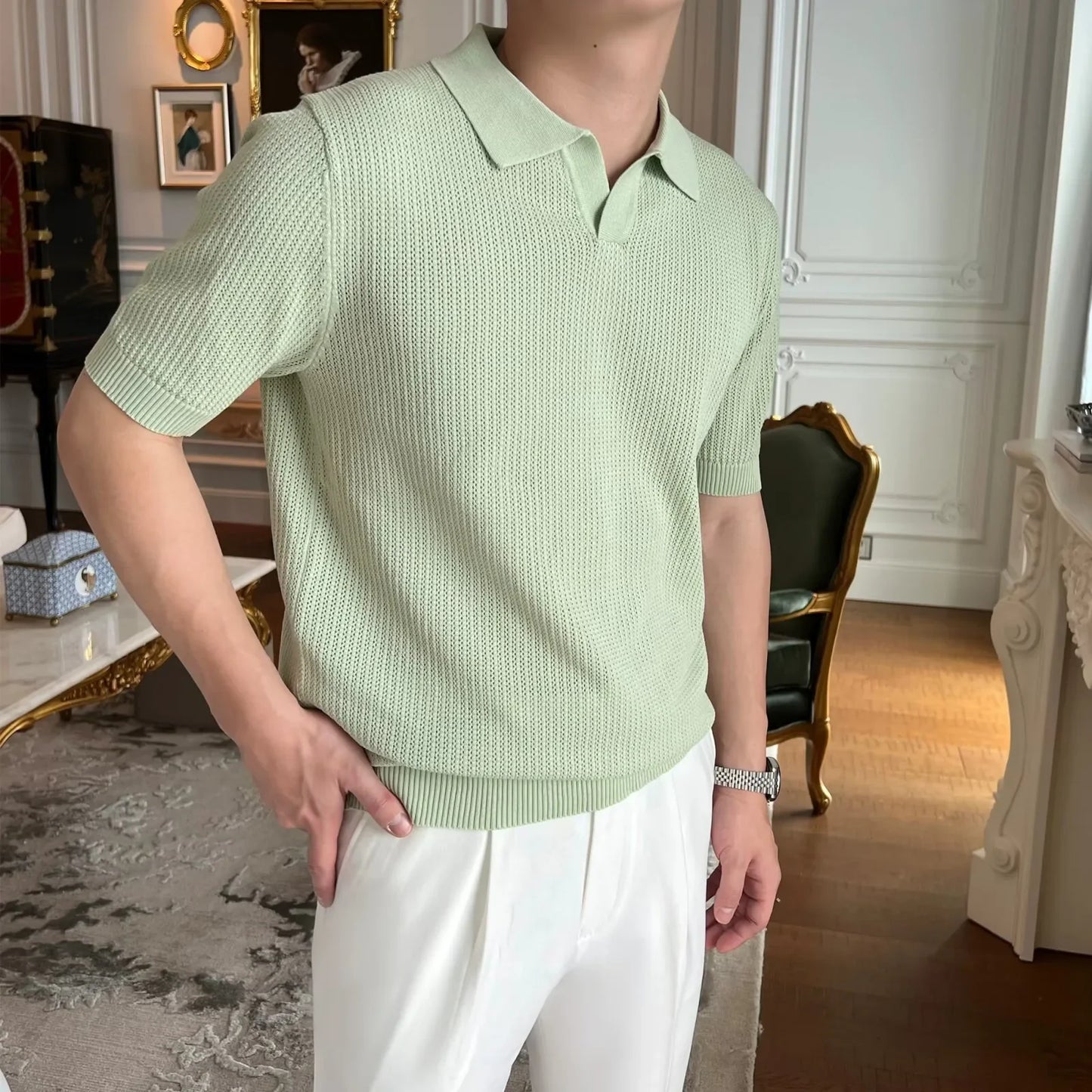 Summer Casual Polo Shirt Short Sleeve Knitted Pure Color Breathable Retro Wave Texture Men's Turn-down Collar Top