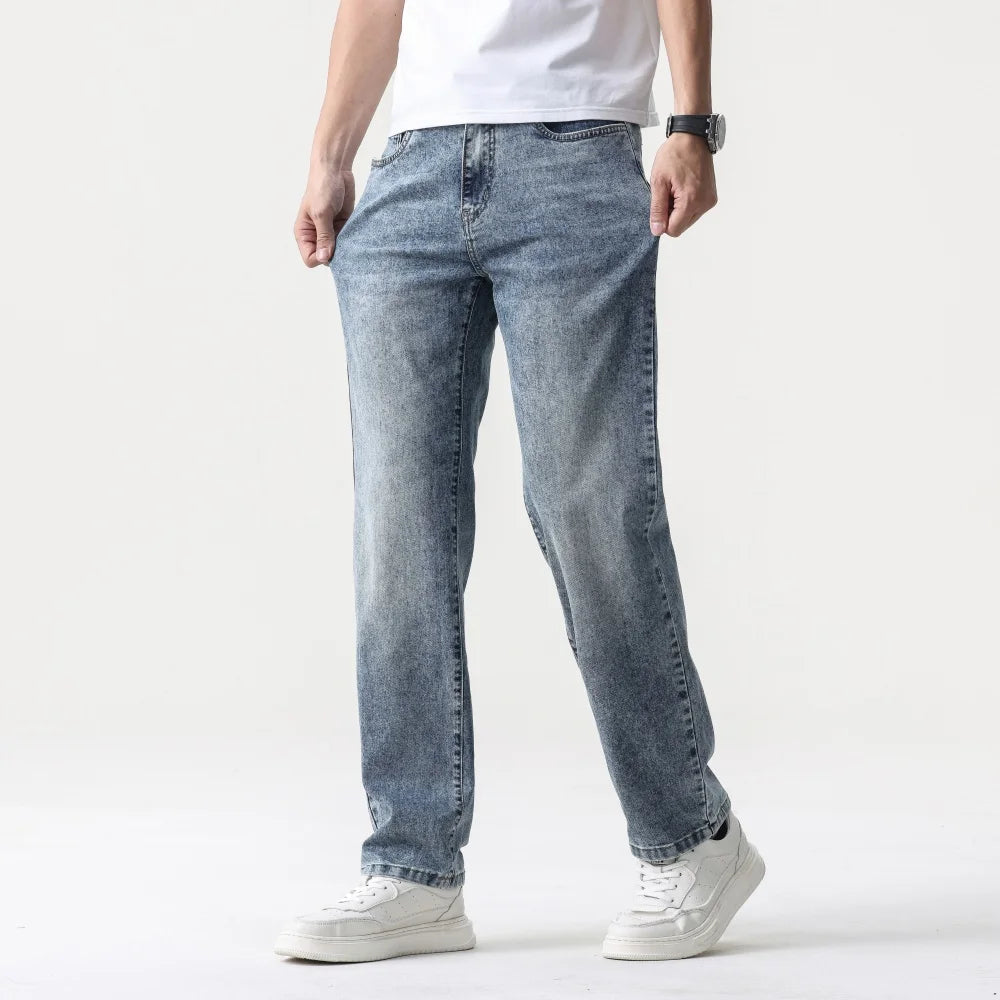 28-38 New Sizes Men Stretch Jeans Straight Leg Denim Pants Extended Sizing Blue/Black Streetwear Relaxed Fit for Work & Casual
