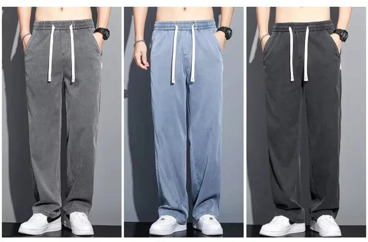 2025 New Summer Soft Lyocell Fabric Men's Jeans Thin Loose Straight Pants Drawstring Elastic Waist Korea Casual Trousers