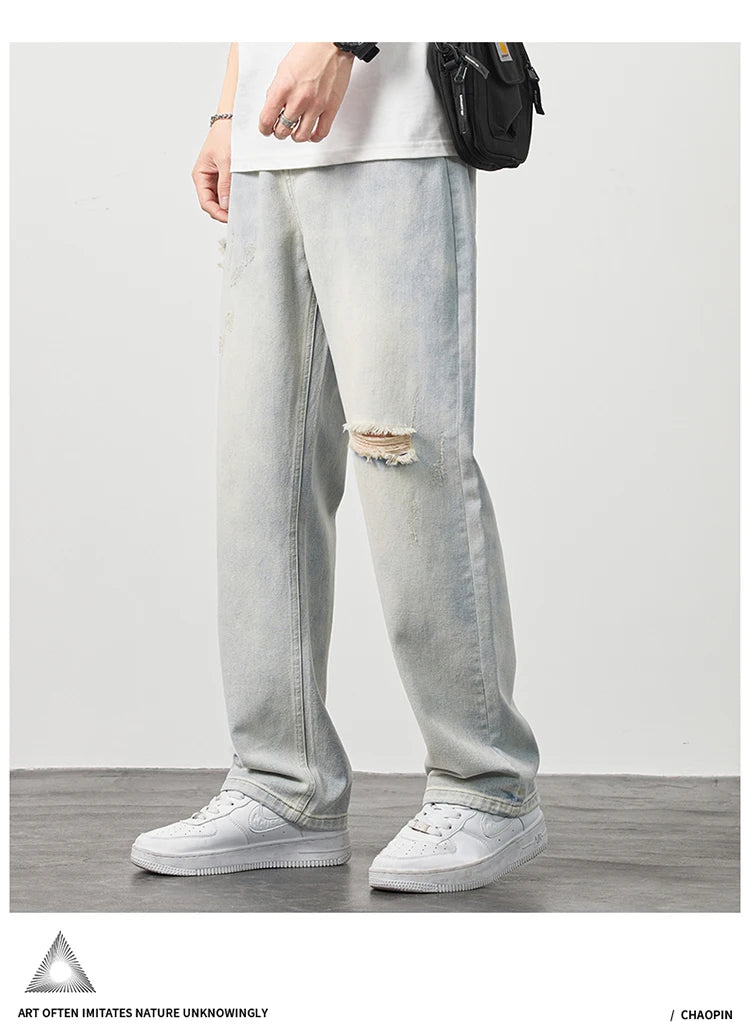 Korea Baggy torn holey ripped Jeans Men Vintage  Y2k Pants Fashion Frayed High Street Distressed Denim Trousers loose thin Male