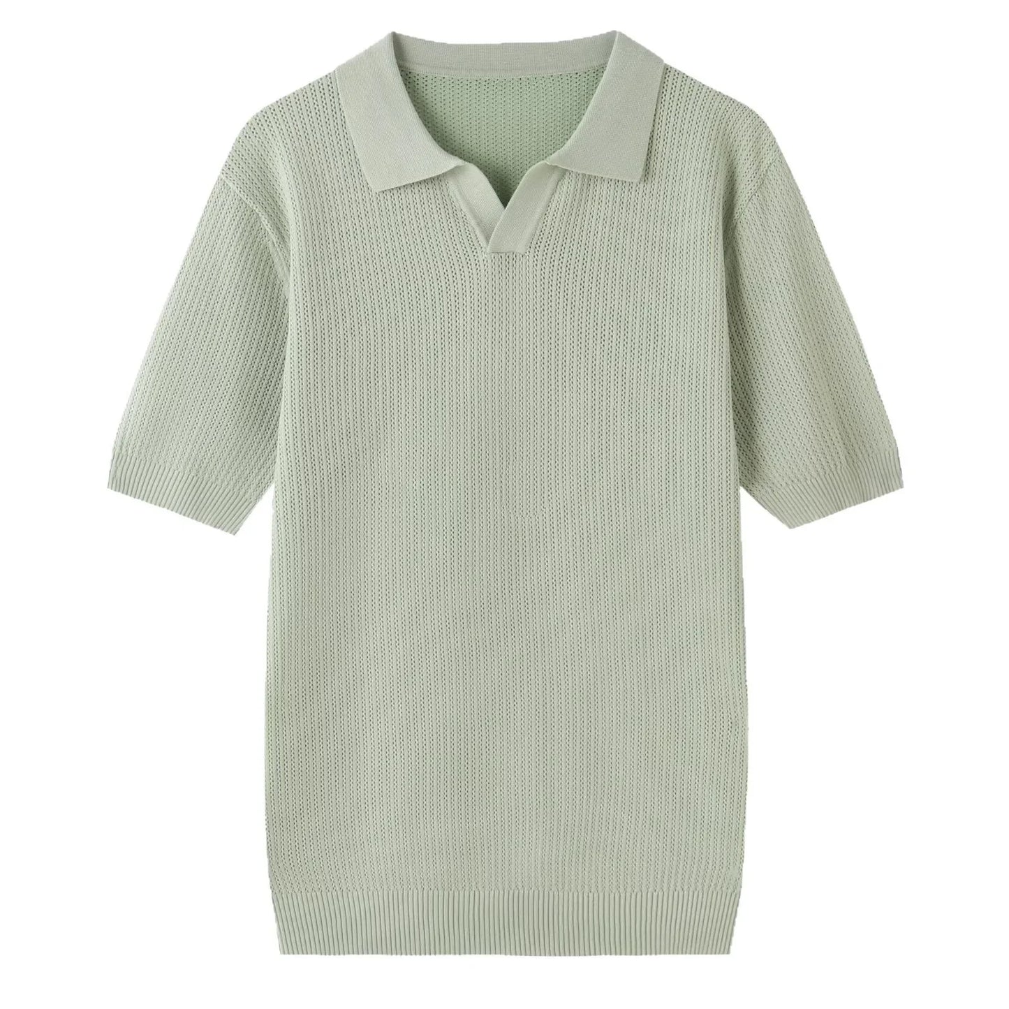 Summer Casual Polo Shirt Short Sleeve Knitted Pure Color Breathable Retro Wave Texture Men's Turn-down Collar Top