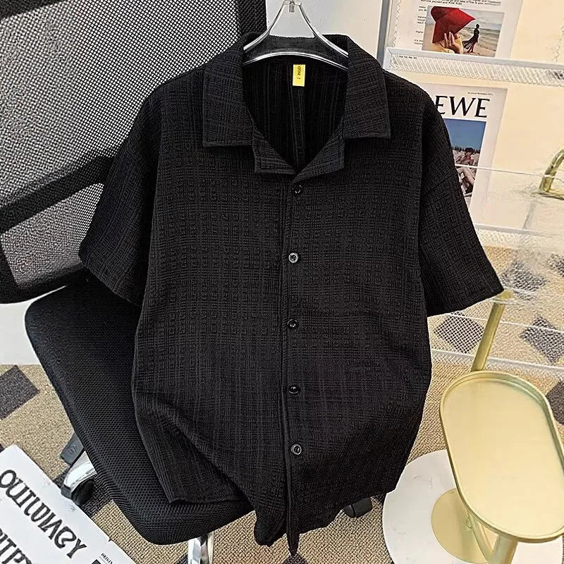 Retro Textured Cuban Collar Short Sleeve Shirt Men Loose Casual Stylish Top