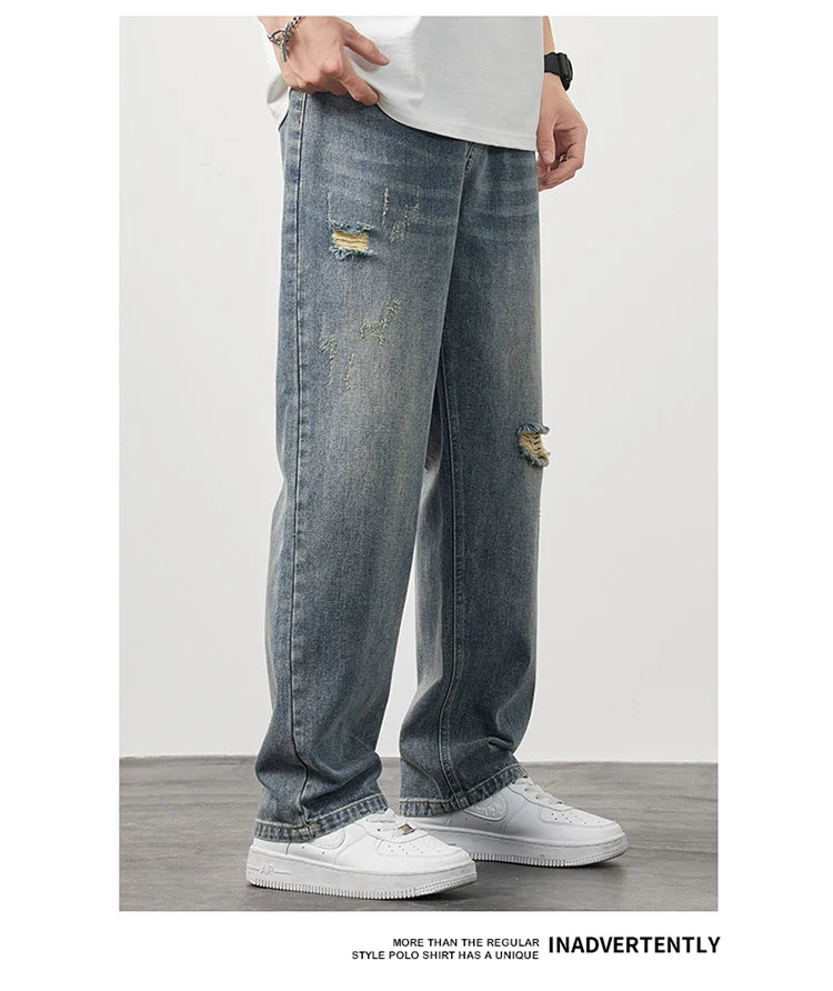 Korea Baggy torn holey ripped Jeans Men Vintage  Y2k Pants Fashion Frayed High Street Distressed Denim Trousers loose thin Male