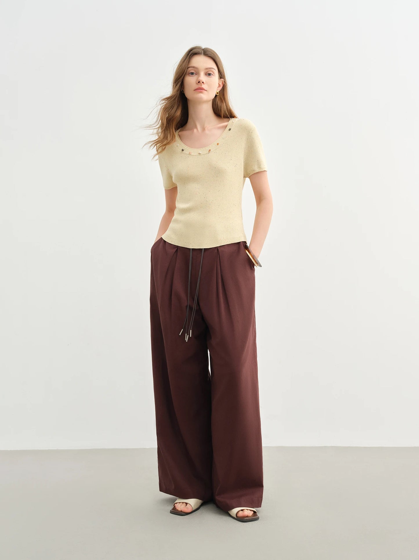 DUSHU Women Linen Drawstring Wide-leg Pants 2025 Summer New Cotton Knitted Drape Loose High Waist Slim Casual Pants 25DS82737