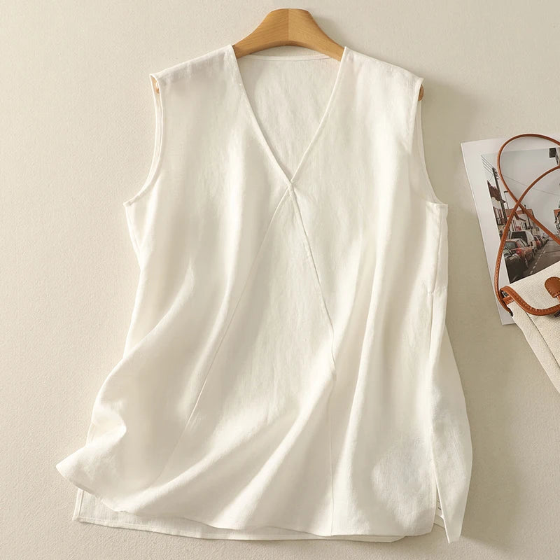 Cotton tops women summer new Korean fashion simple temperament elegant pockets casual white V-neck vest bottoming shirt