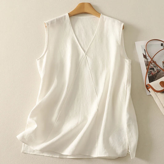 Cotton tops women summer new Korean fashion simple temperament elegant pockets casual white V-neck vest bottoming shirt