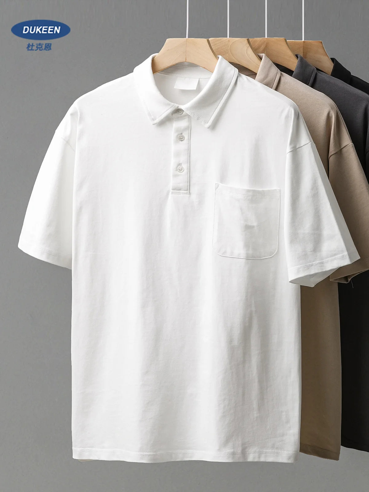 DUKEEN 260G Heavyweight Men's Polo Shirts 100% Cotton 2024 Summer Short-Sleeve White Pocket T Shirts Golf Wear Men's Clothing
