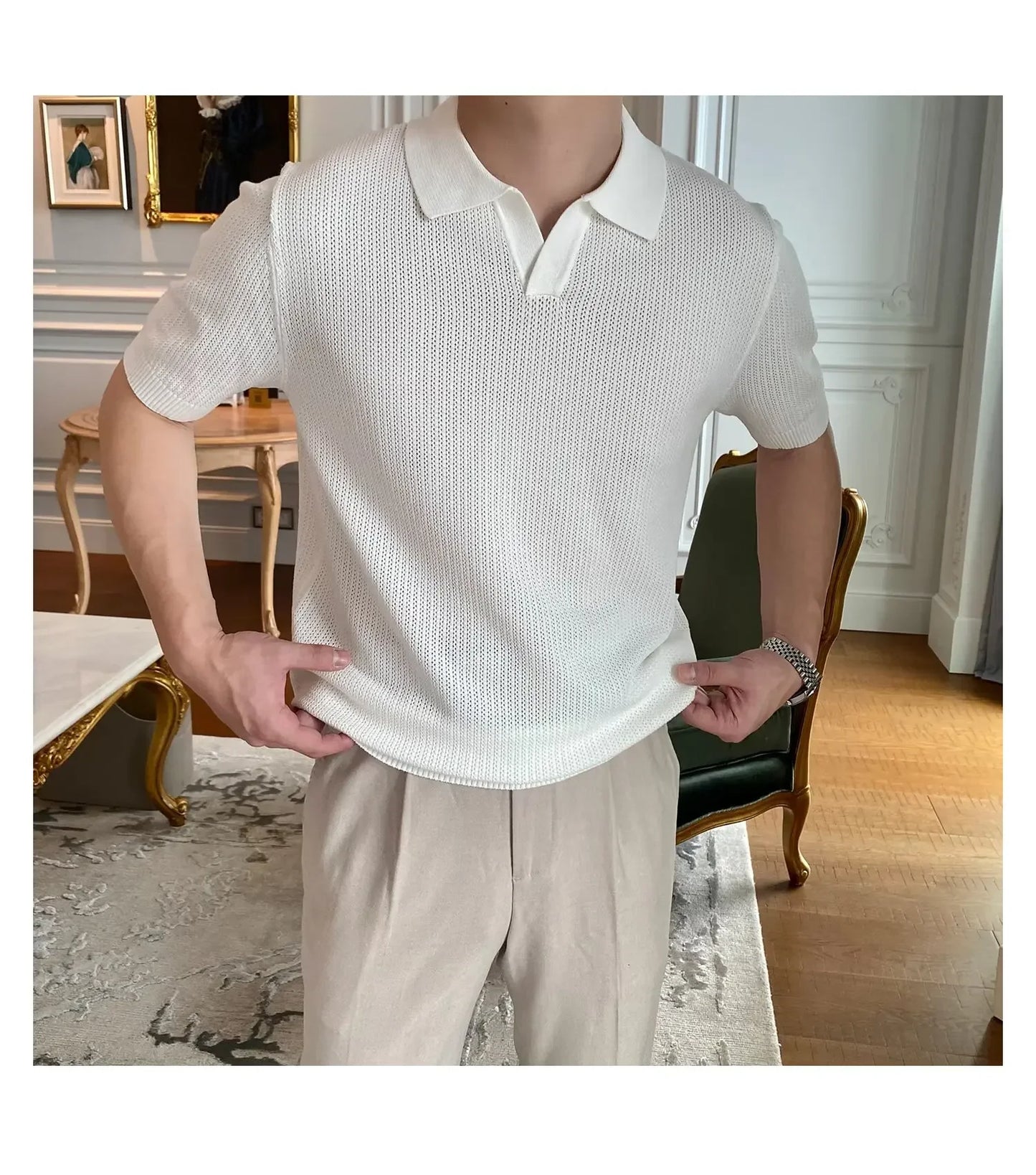 Summer Casual Polo Shirt Short Sleeve Knitted Pure Color Breathable Retro Wave Texture Men's Turn-down Collar Top