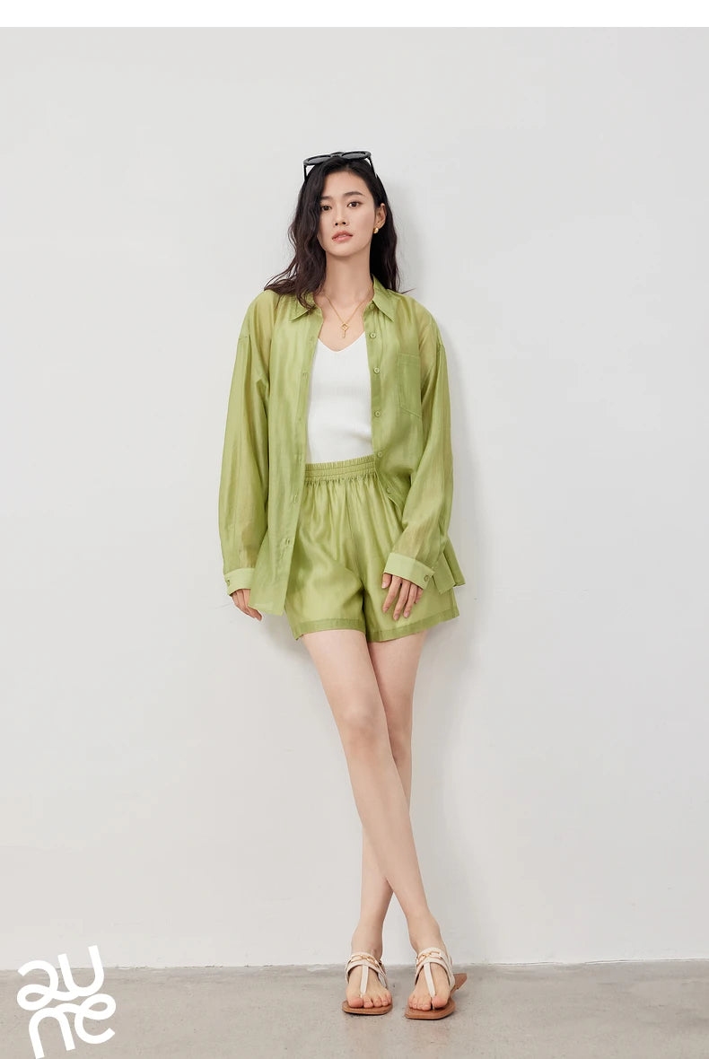 TOYOUTH Women French Mustard Green Lyocell Shirt 2025 Summer New Lightweight Sun Protection Tops