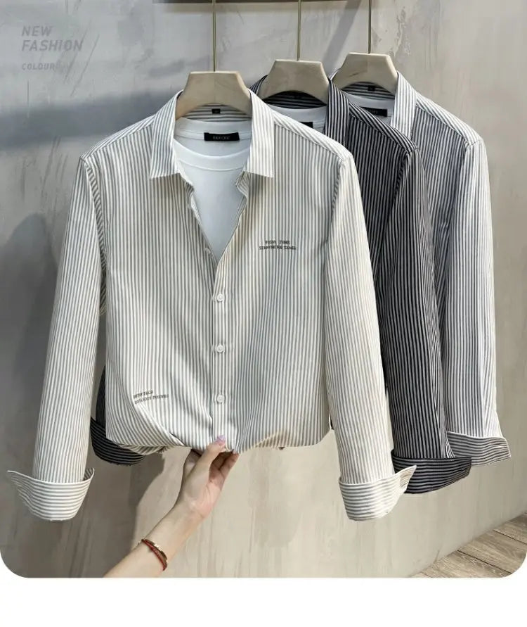Men's Slim Fit Long Sve irt Trendy Striped Spring Autumn New Sle Casual Korean Japanese Sle Printed No Iron Treaent