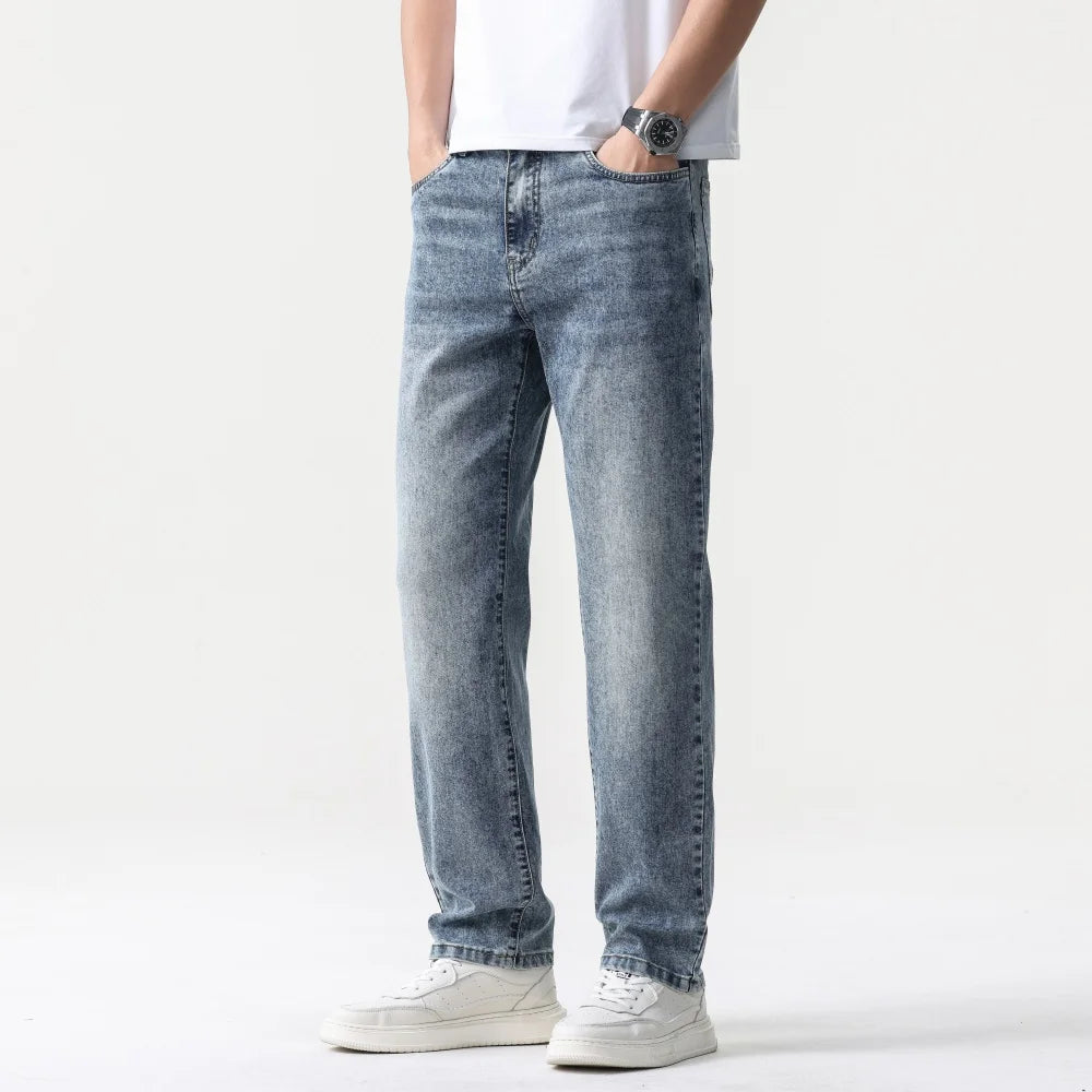28-38 New Sizes Men Stretch Jeans Straight Leg Denim Pants Extended Sizing Blue/Black Streetwear Relaxed Fit for Work & Casual