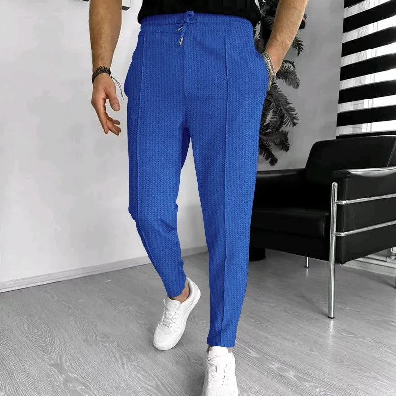 Mens Stylish Waffle Pants - Casual Sports Slim Fit with Adjustable Drawstring Secure Pockets for All Seasons - Perfect Outdoor