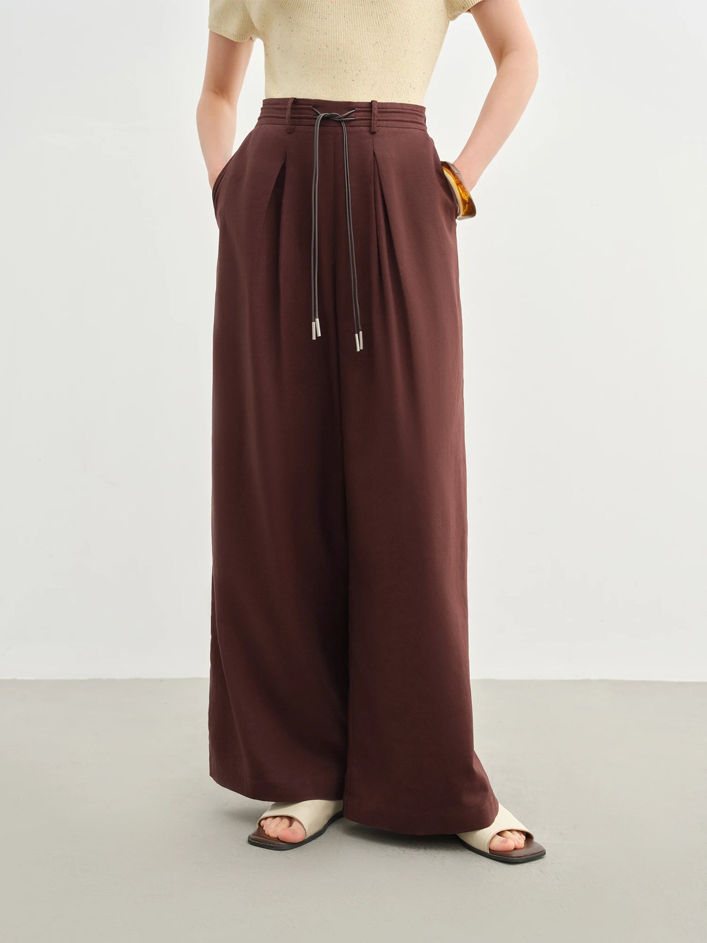 DUSHU Women Linen Drawstring Wide-leg Pants 2025 Summer New Cotton Knitted Drape Loose High Waist Slim Casual Pants 25DS82737
