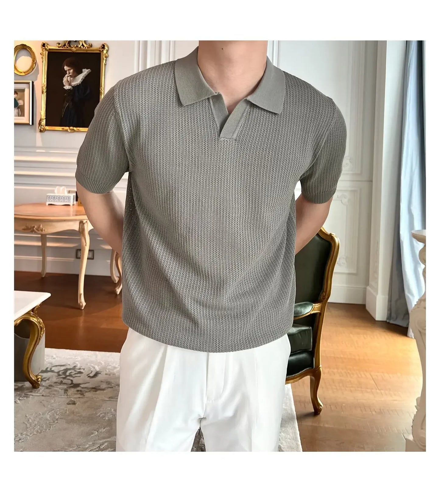 Summer Casual Polo Shirt Short Sleeve Knitted Pure Color Breathable Retro Wave Texture Men's Turn-down Collar Top