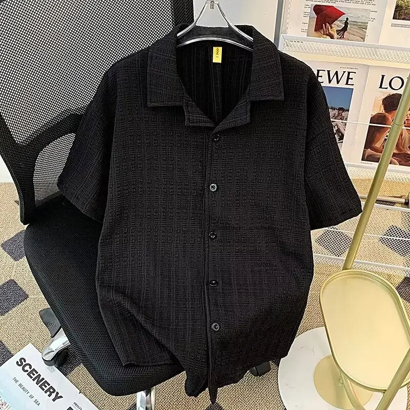 Retro Textured Cuban Collar Short Sleeve Shirt Men Loose Casual Stylish Top