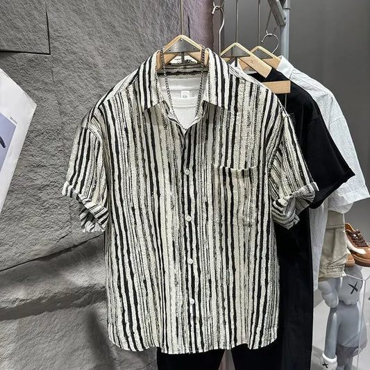 2025 Summer New Striped Shirt Short-sleeved Men's Fashion Trend Versatile and Personalized Button Cardigan Men's Clothing
