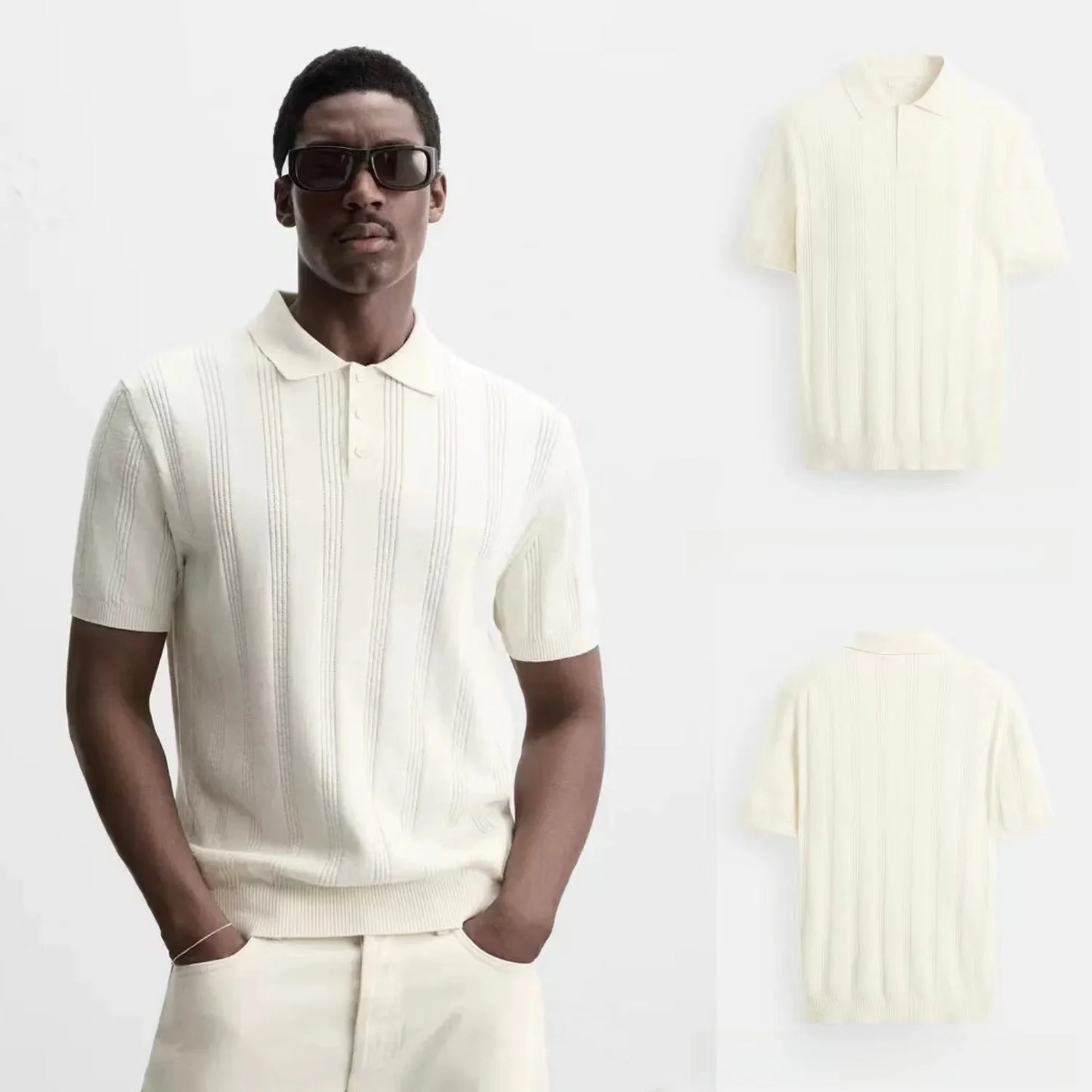 Summer New Men's Slim Fit Straight Knitted ort Sve  irt Youth Faion Stand Sle Busin Casual Pure Color