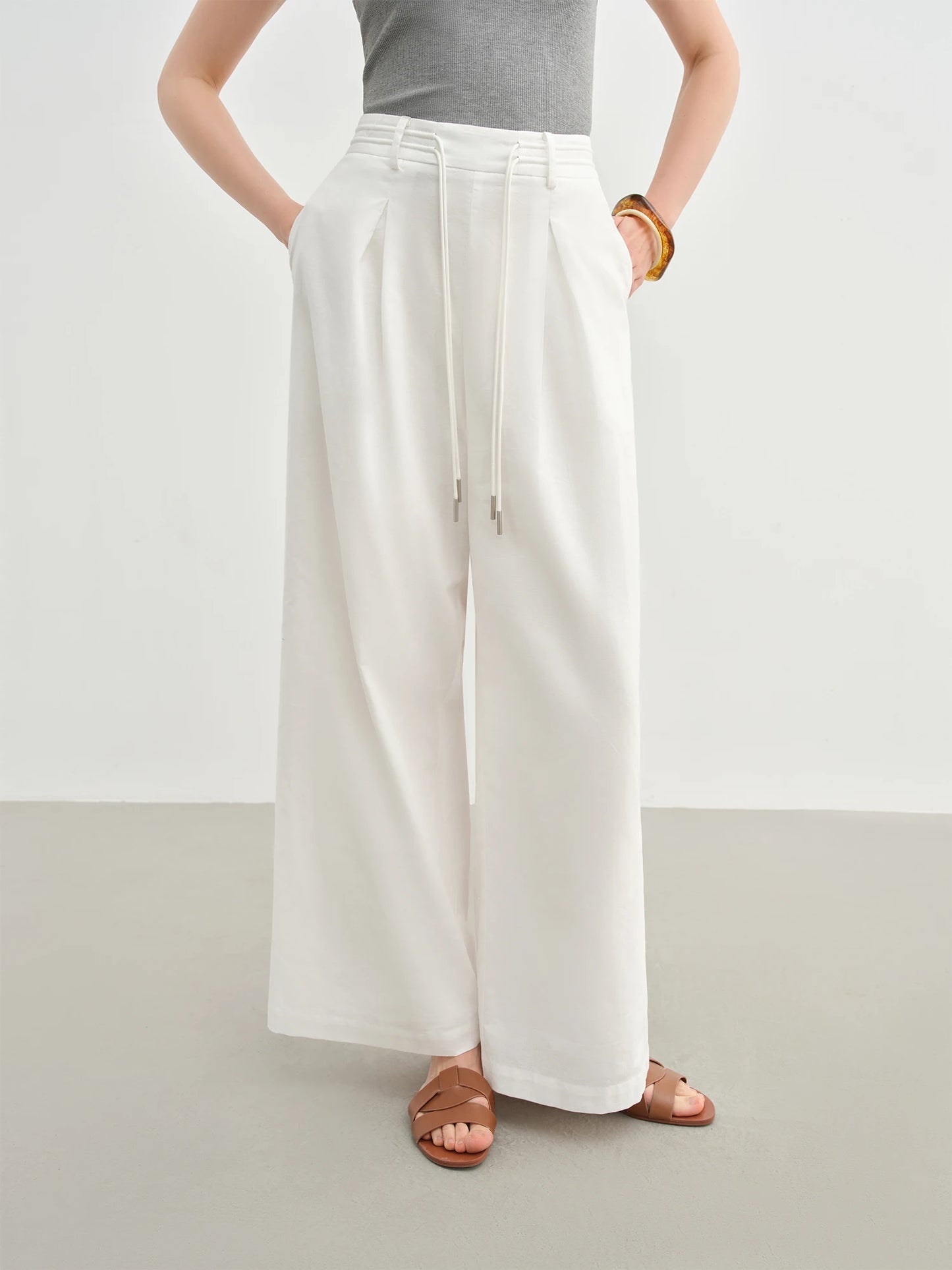 DUSHU Women Linen Drawstring Wide-leg Pants 2025 Summer New Cotton Knitted Drape Loose High Waist Slim Casual Pants 25DS82737