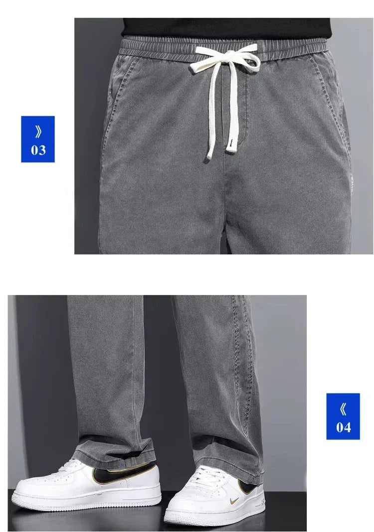 2025 New Summer Soft Lyocell Fabric Men's Jeans Thin Loose Straight Pants Drawstring Elastic Waist Korea Casual Trousers
