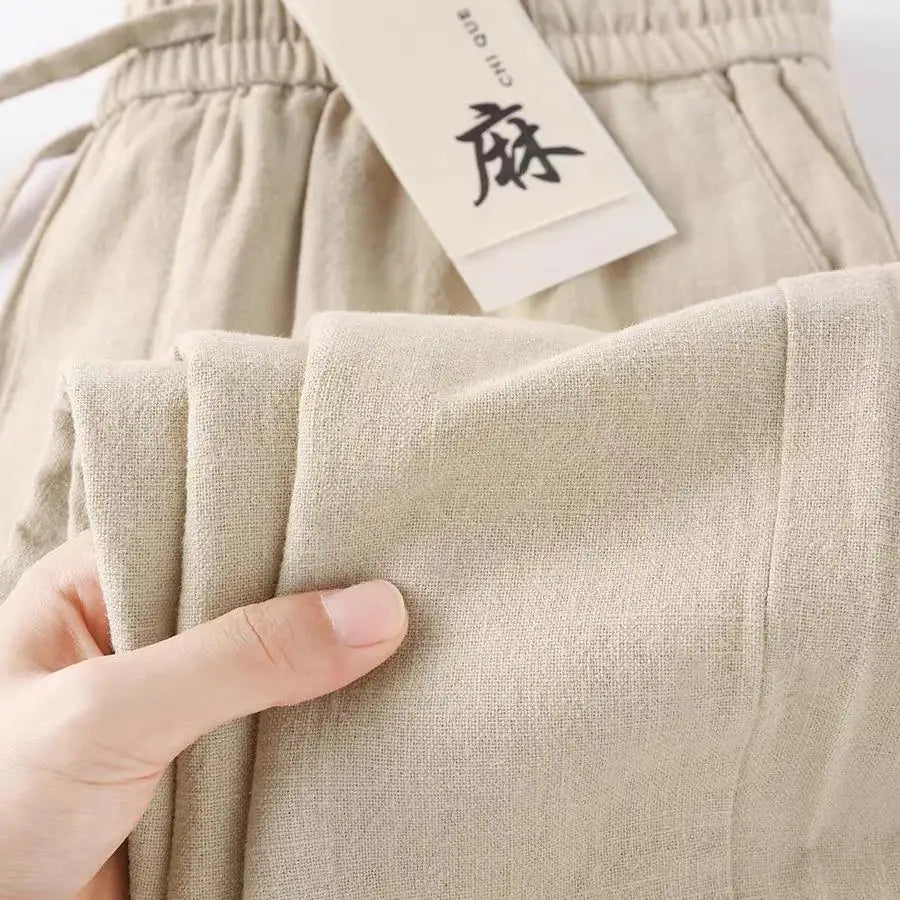 Pure Linen Breathable Elastic New Sle Nine-Piece Pants Cotton Linen Summer Thin Simple Casual Men's Pants Straight Leg Fit