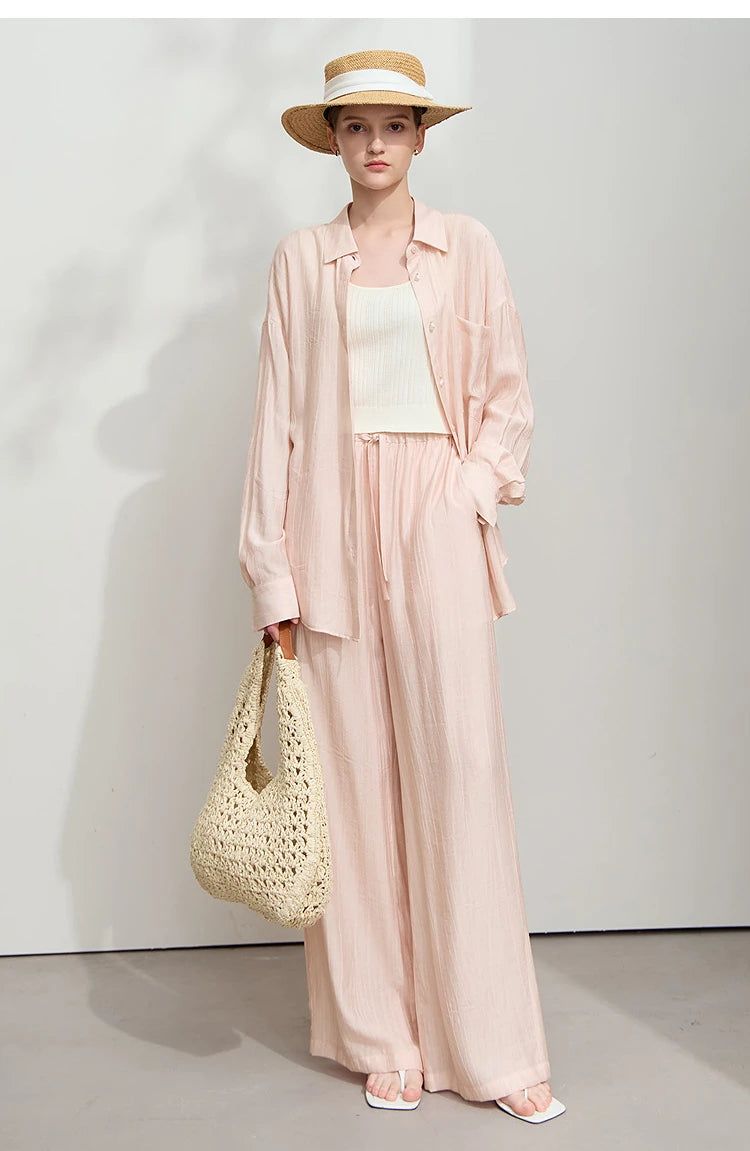 AMII Minimalism Shirt Pants Sets for Women 2025 Spring New Casual Basic Shirt Separate Straight Long Wide Leg Pants 12511048