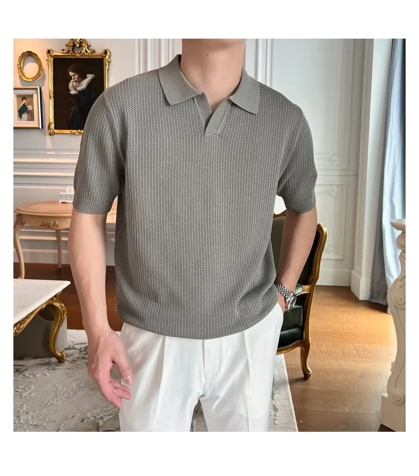 Summer Casual Polo Shirt Short Sleeve Knitted Pure Color Breathable Retro Wave Texture Men's Turn-down Collar Top