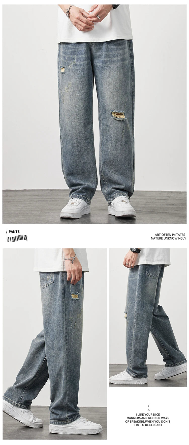 Korea Baggy torn holey ripped Jeans Men Vintage  Y2k Pants Fashion Frayed High Street Distressed Denim Trousers loose thin Male