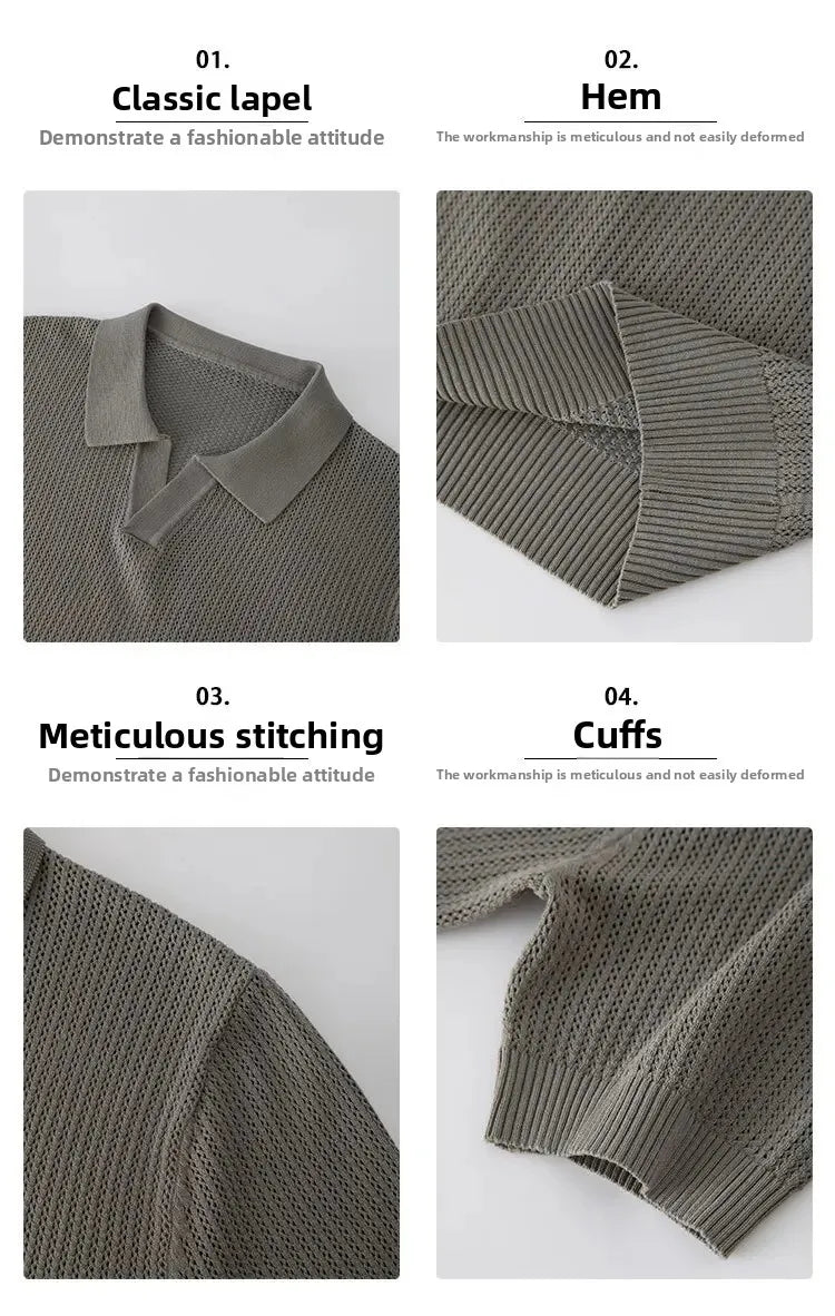 Summer Casual Polo Shirt Short Sleeve Knitted Pure Color Breathable Retro Wave Texture Men's Turn-down Collar Top