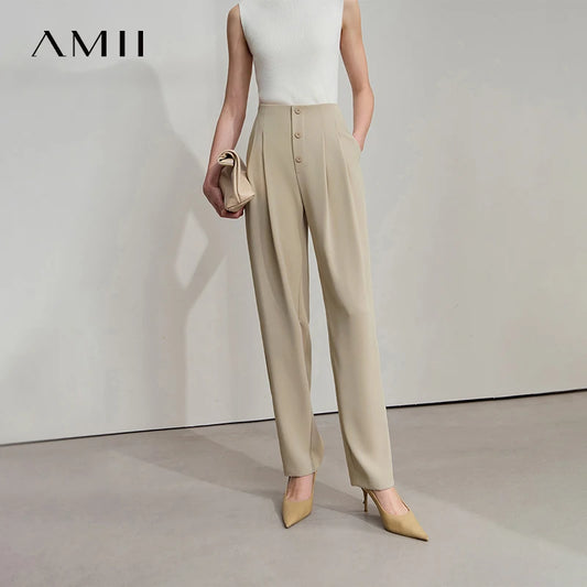 AMII Women Trousers Minimalist New Summer Commuting Solid Mid Rise Pantalones Cooling Sunscreen Tapered Casual Pants 12522036
