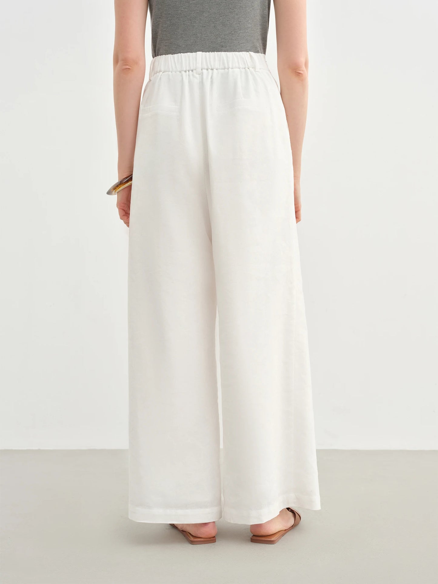 DUSHU Women Linen Drawstring Wide-leg Pants 2025 Summer New Cotton Knitted Drape Loose High Waist Slim Casual Pants 25DS82737