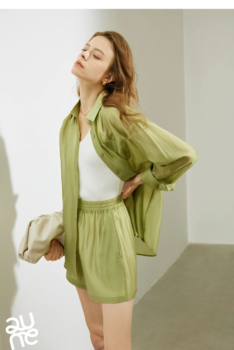 TOYOUTH Women French Mustard Green Lyocell Shirt 2025 Summer New Lightweight Sun Protection Tops