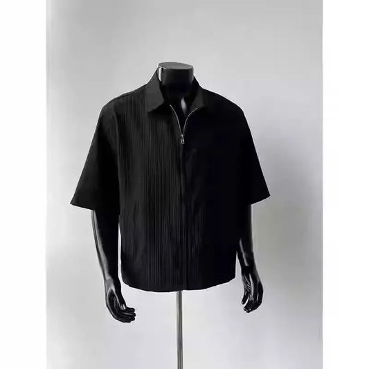 Summer Men's Texture Stripe Shirt Short Sleeve Zipper Jacket Boxy Fit Casual Korean Style Half Sleeve Korean Style Shirt