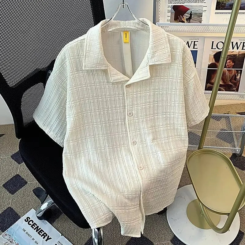 Retro Textured Cuban Collar Short Sleeve Shirt Men Loose Casual Stylish Top