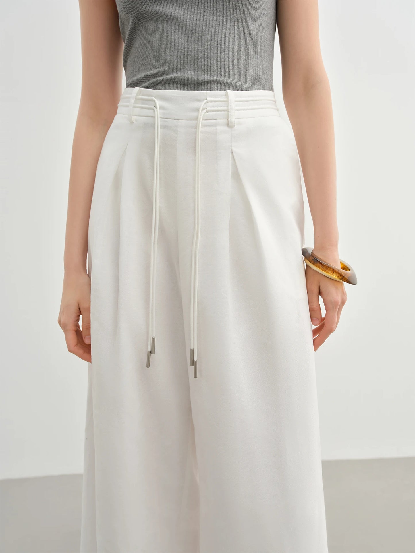 DUSHU Women Linen Drawstring Wide-leg Pants 2025 Summer New Cotton Knitted Drape Loose High Waist Slim Casual Pants 25DS82737