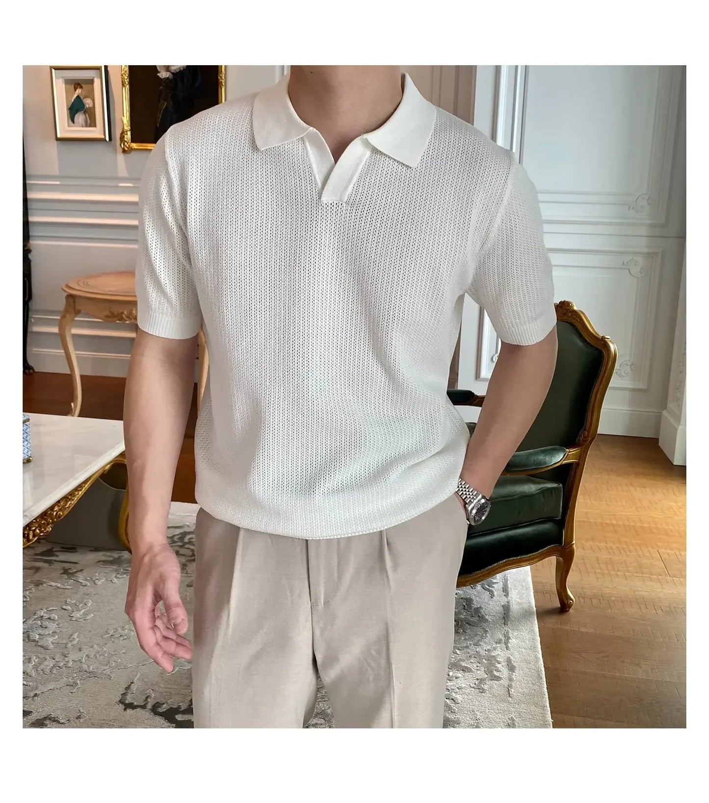 Summer Casual Polo Shirt Short Sleeve Knitted Pure Color Breathable Retro Wave Texture Men's Turn-down Collar Top
