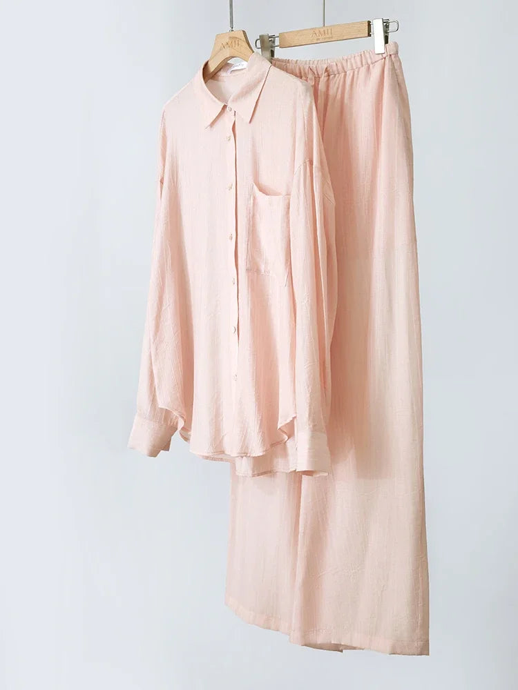 AMII Minimalism Shirt Pants Sets for Women 2025 Spring New Casual Basic Shirt Separate Straight Long Wide Leg Pants 12511048