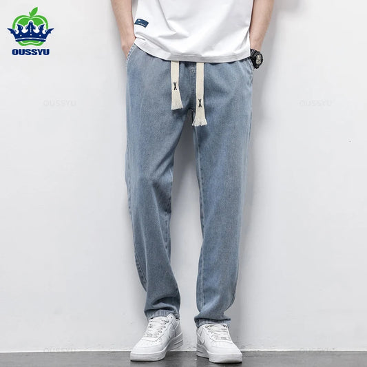 Spring Summer Men's Jeans Cotton Soft Drawstring Straight Pants Elastic Waist Vintage Korea Casual Trousers Male Plus Size S-5XL
