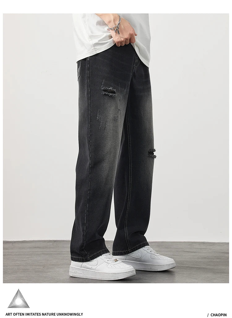 Korea Baggy torn holey ripped Jeans Men Vintage  Y2k Pants Fashion Frayed High Street Distressed Denim Trousers loose thin Male